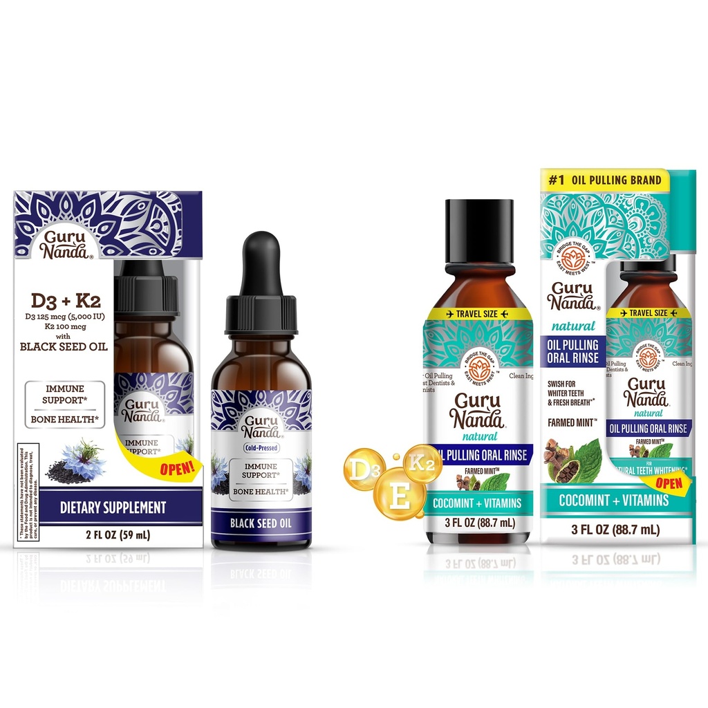 GuruNanda Black Seed Oil 5000 IU vitamin D3, K2 & E + Kokosolje Pulling med essensielle oljer vitamin D3, E, K2 for immunstøtte, oral hygiene