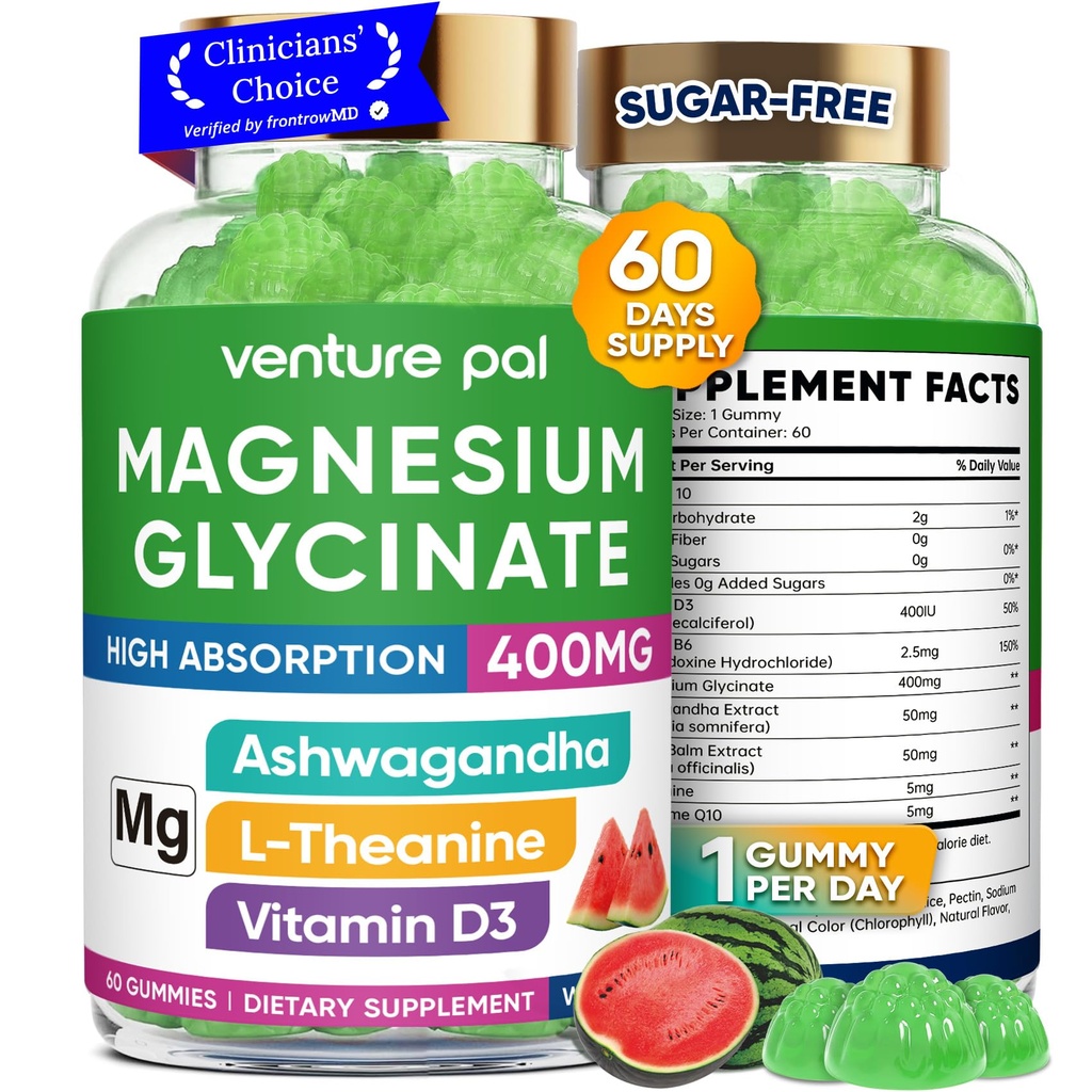 60 dagers forsyning magnesiumglycinat 400 mg gummier med Ashwagandha, L-theanin, CoQ10, Vitamin D3 & B6, sukkerfri magnesium gummier for voksne og barn, stress relief, søvn og ro, vegansk, glutenfri