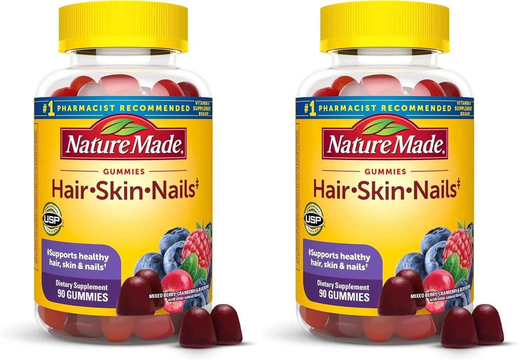 Naturlaget hårhud og negler med biotin 2500 mikrog, kosttilskudd for sunn hår, hud og negler støtte, 90 gummier, 45 dagers forsyning (pakke med 2)