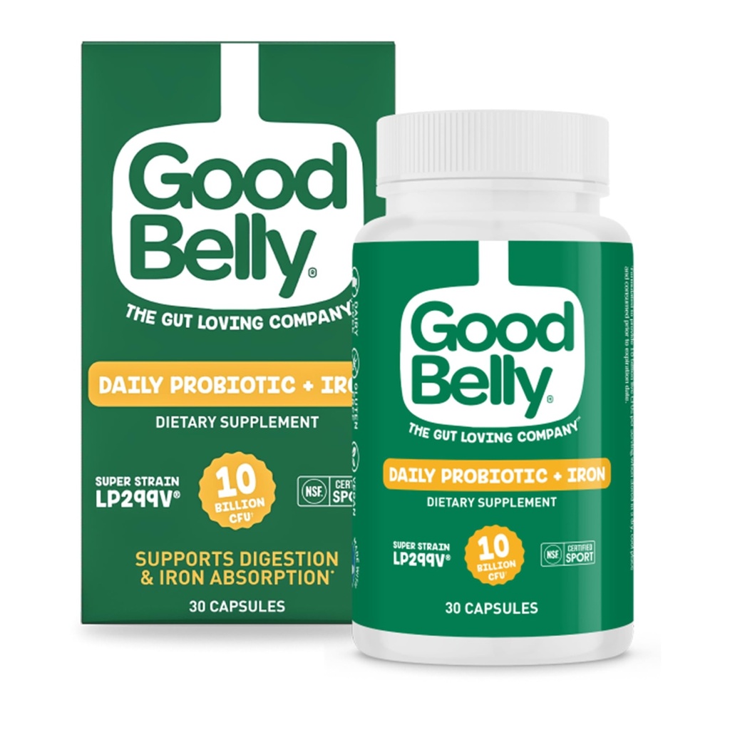 GoodBelly Probiotic Kapsler for Digestive Helse & Jern Absorpsjon | Vegansk Probiotic Supplement med 10 milliarder levende kulturer | Probiotika for kvinner og menn | 30 Kapsler