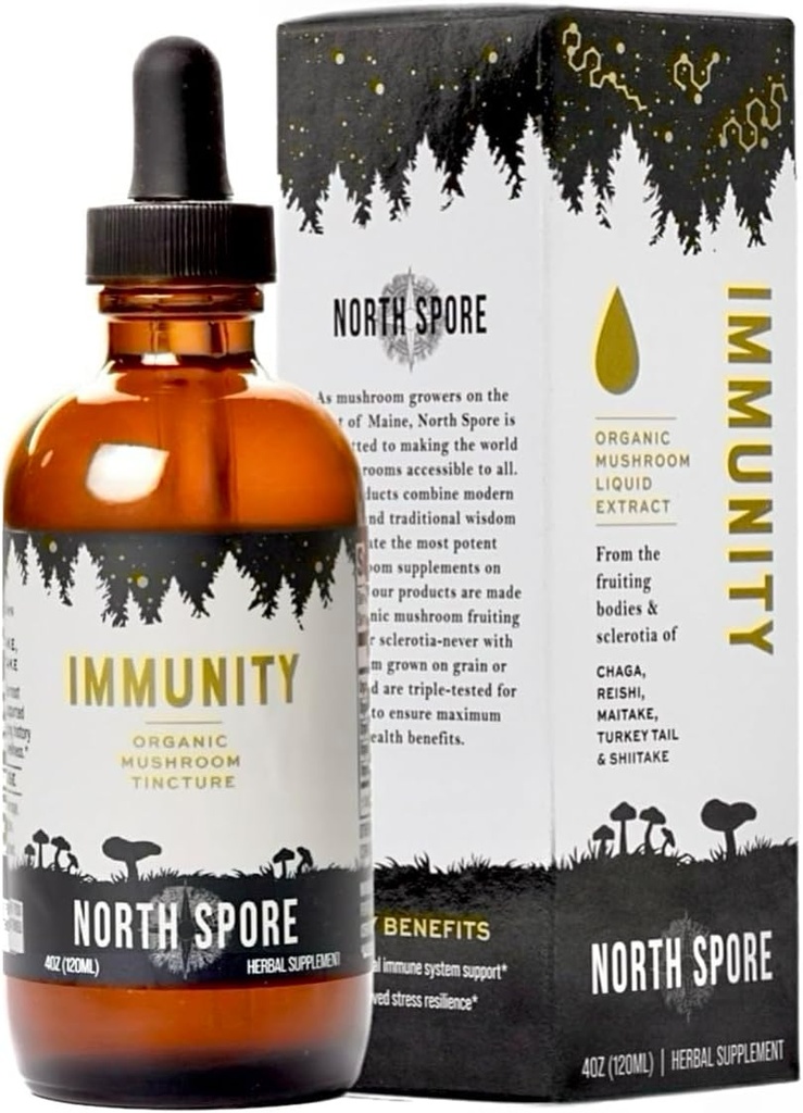 Nordspore organisk immunisme Mushroom Tinktur (4 oz) | 100% frukting kroppen ekstrakter | Chaga, Tyrkia Tail, Reishi, Maitake, Shiitake | Certified Organic, Vegan, ikke-GMO | Adaptogen, laget i USA