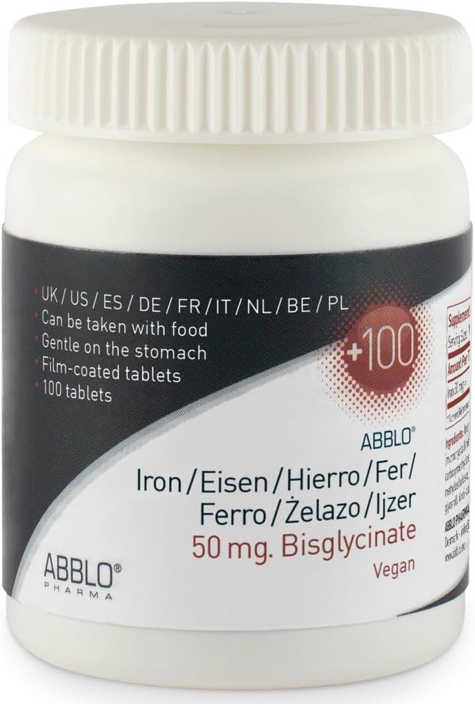50 mg. Jern BISGLYCINATE (100 enheter) ABBLO er gentle på magen og kan tas med mat.