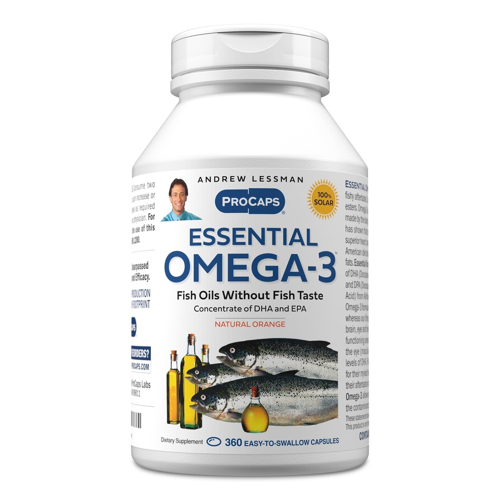 ANDREW LESSMAN Essential Omega-3 Orange - 360 Softgels - Ultra-Pure, høy styrke Omega-3 oljer. Høy DHA, ingen mage-upset, ingen kontaminanter, ingen Mercury. Små lett å svelge Softgels