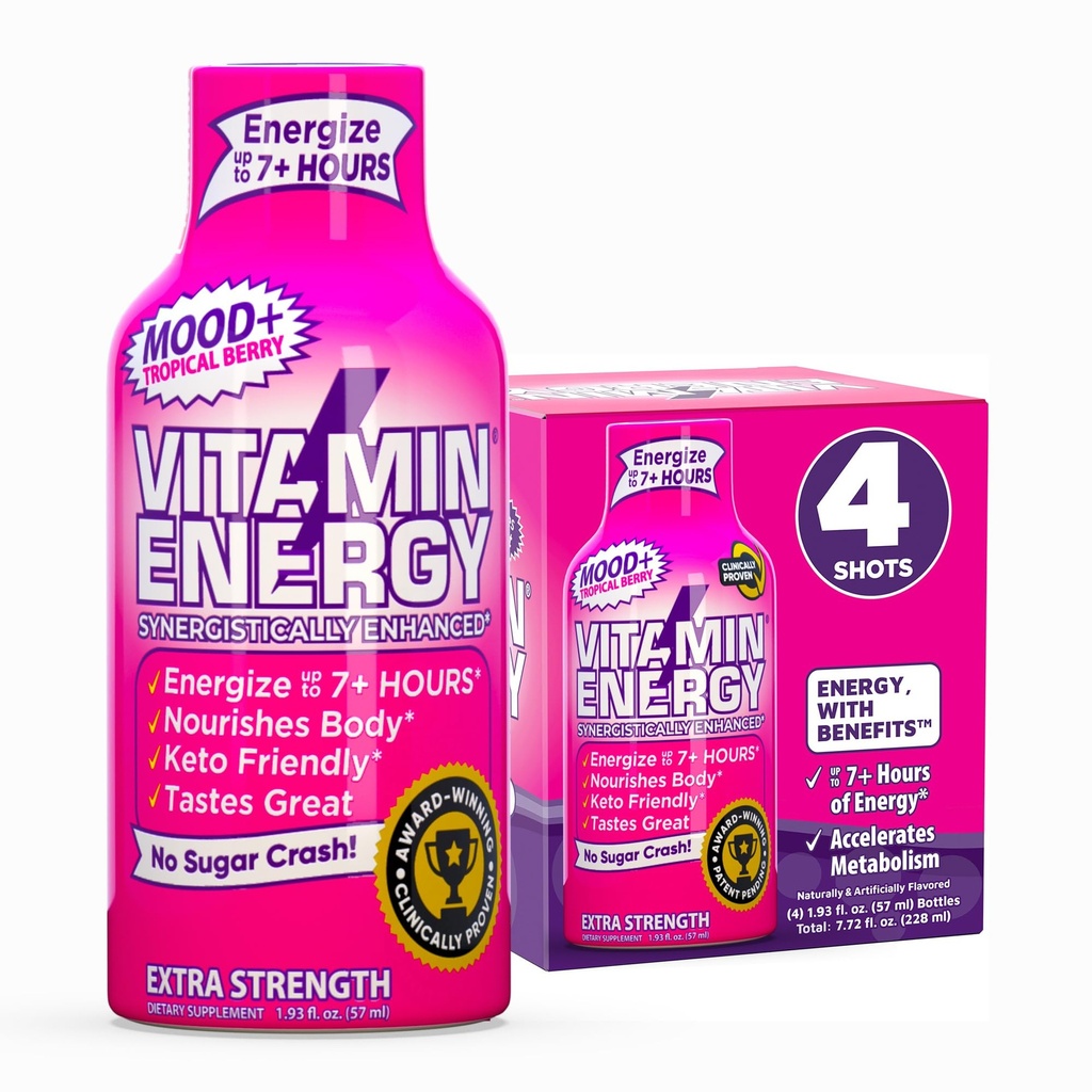 Vitamin energi Mood + Extra styrke energi Shot Tropical Berry 4 Pack, 260mg naturlig kaffe, B-vitaminer, Rhodiola, Kamille, Mood & Energy Support, Zero sukker, Glutenfri, Vegan, 1.93 fl oz
