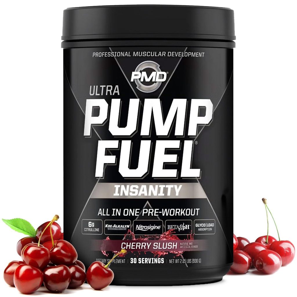 PMD Sports Pump Drivstoff Ultra Insanity - Premium Pre Workout pulver og muskelpumpe, større fokus, utholdenhet og gjenoppretting, Premium Creatine, Arginine & Beta Alanine - Cherry Slush (30 Serveringer)