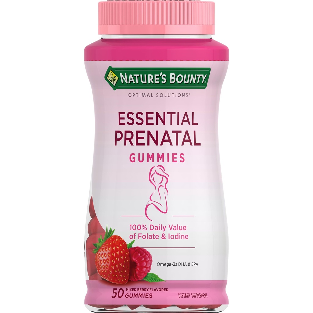 Naturens Bounty Optimal Solutions Essential Prenatal Gummies, Folinsyre og jodin, Omega 3 og DHA, 50 greve, 25 Totale Tjenester
