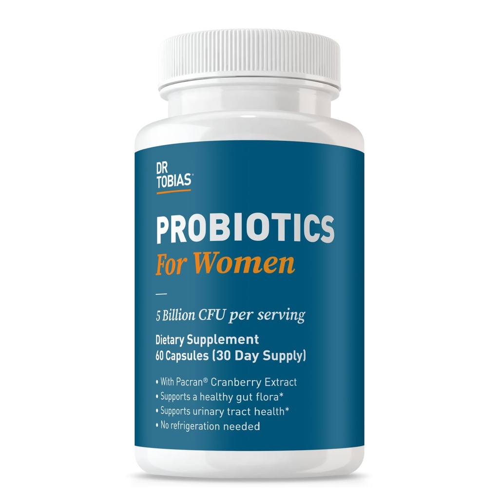 Dr. Tobias Probiotika for kvinner, 5 milliarder CFUs Plus Prebiotika og Cranberry ekstrakt for urinbåndstrakt helse for kvinner, støtter digestive og immune helse, 60 kapsler, 30 serveringer