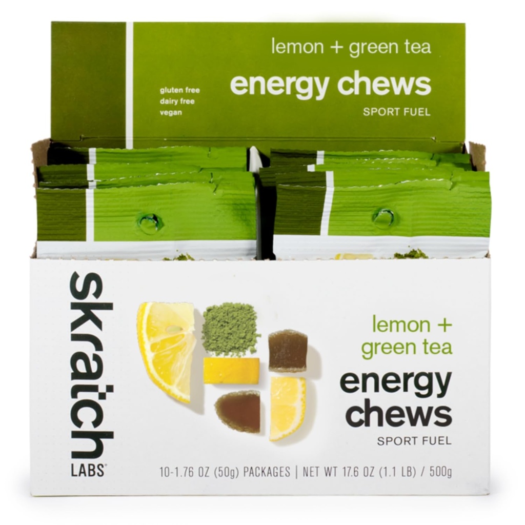 Skratch Labs Energi Chews | Gummier for løp, sykling og idrettsytelse | Gel Alternative | Matcha + sitron (10 Pack) | Glutenfri, Vegan