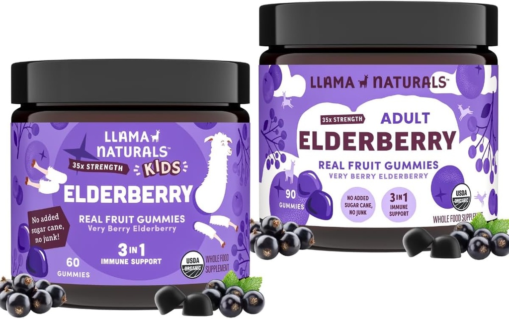Llama Naturals Ekte Fruit Sambucus Elderbær Gummies for barn og voksne | Nei Lagt Sukker Cane, Vegan, Organisk Immun Støtte | Zink & Naturlig Vitamin C | Plantebaserte, Chewable Gummies for hele Fa