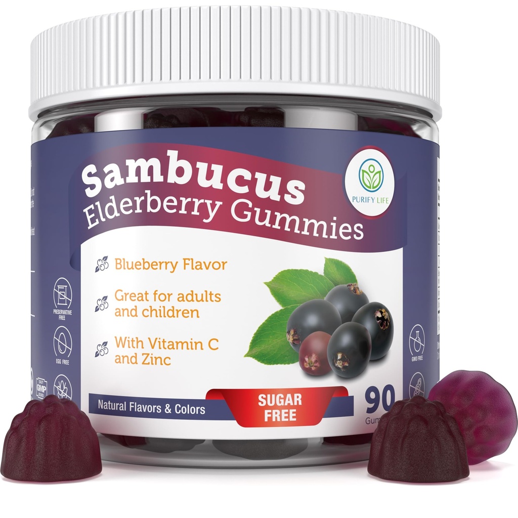 Rense liv sukker-fri eldrebær gummier med vitamin C og sink for voksne og barn, immunstøtte supplement for pustende helse, Sambucus eldrebær antioksidant gummier - Vegan, 90 greve