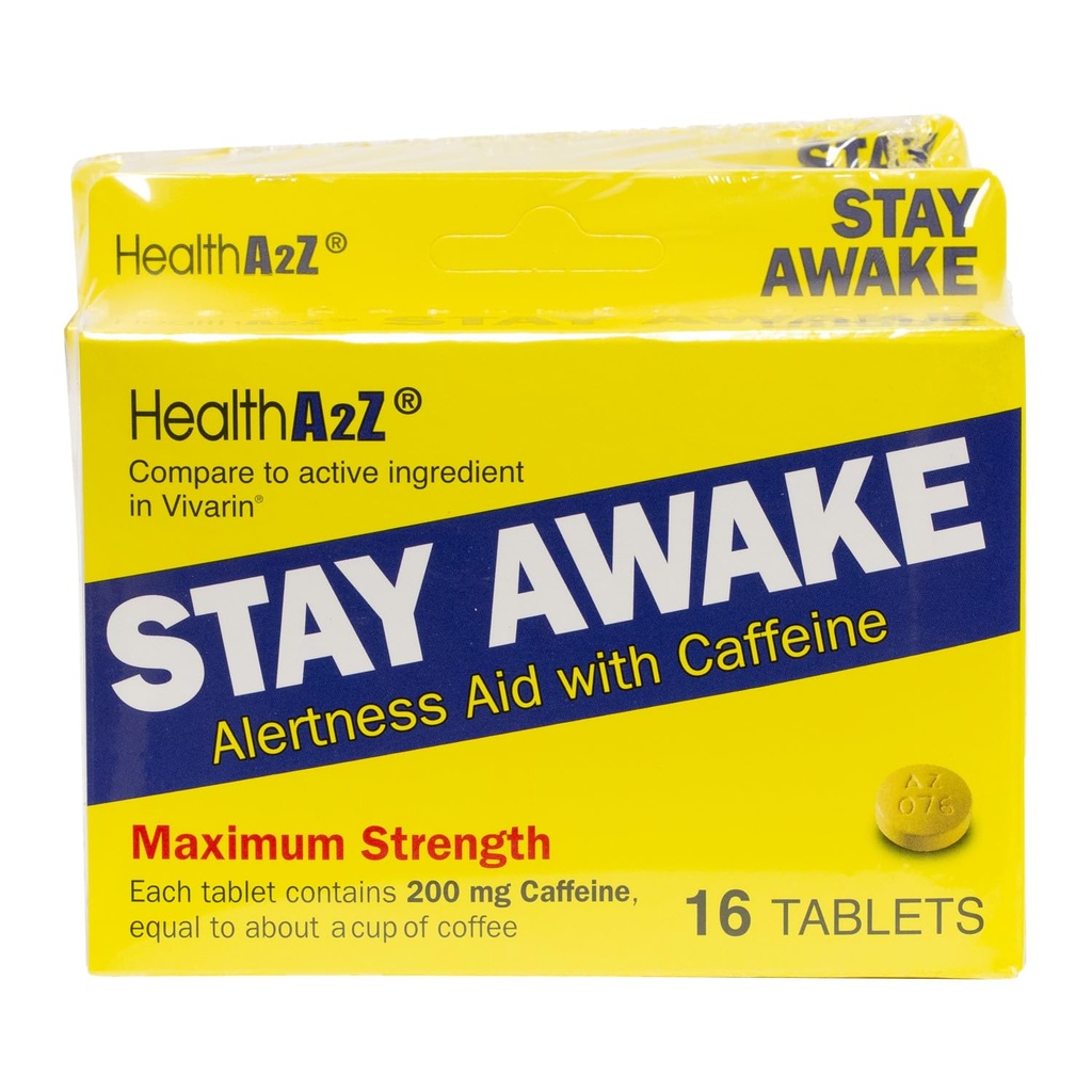 HealthA2Z® Hold deg våken | 200 mg kaffe | Alarmness Aid med koffein | 3 pakker 16 tabelter (48 tabletter totalt) | Maksium styrke