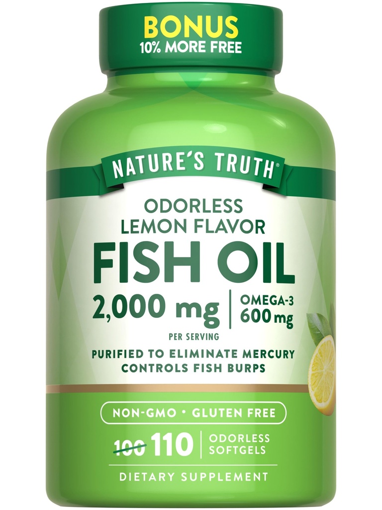Naturens sannhet Fish Oil 2000mg | 110 Softgels | Omega-3 | Lemon Flavor | Ikke-GMO & Glutenfri Supplement