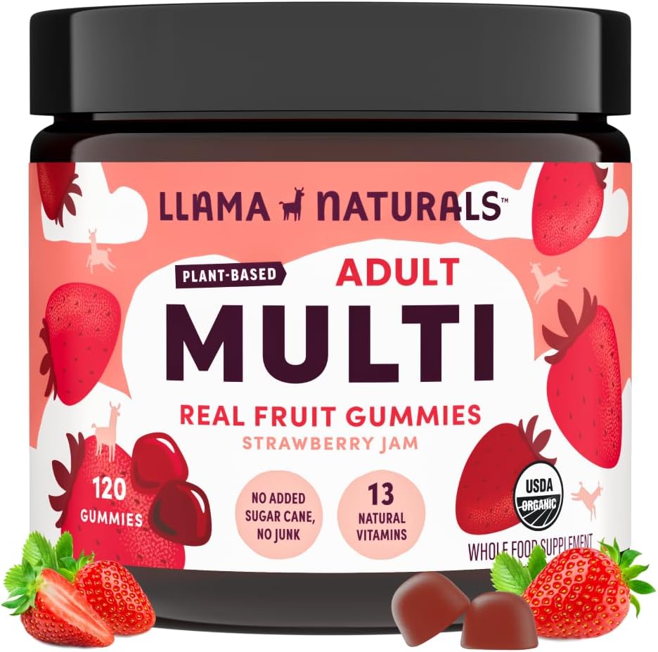 Llama Naturals Multivitamin for kvinner og menn, vegansk, organisk gummi med vitamin D, C & K, voksne ekte frukt gummy vitaminer, Chewable Multivitamin Supplement, Ingen lagt til sukkerrør, Jordbær, 120 Ct