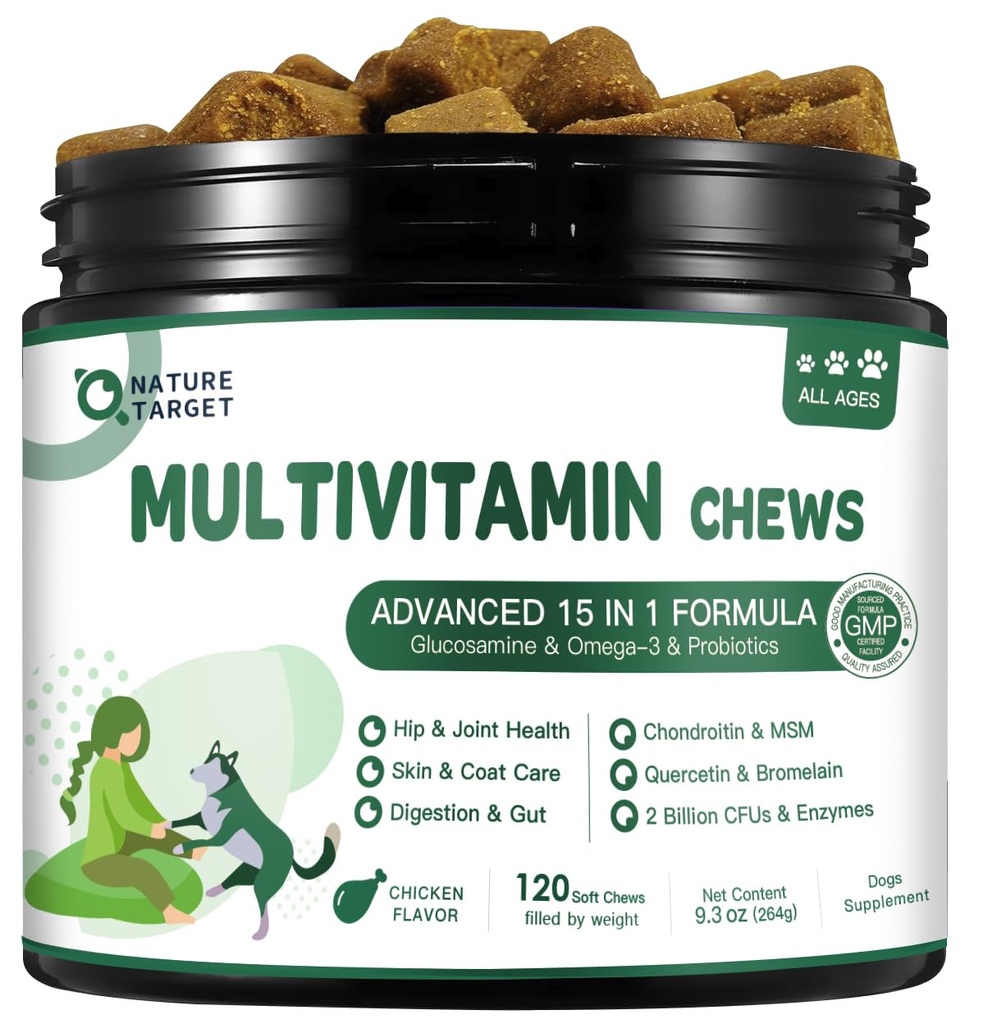 NATURE TARGET Multivitamin for hunder - med MSM & Glucosamine, Omega 3 & 6, Probiotika for Digestive Helse, Felles støtte, Hud & Coat, Immunsystem & Total Helse 120 Myke Chews