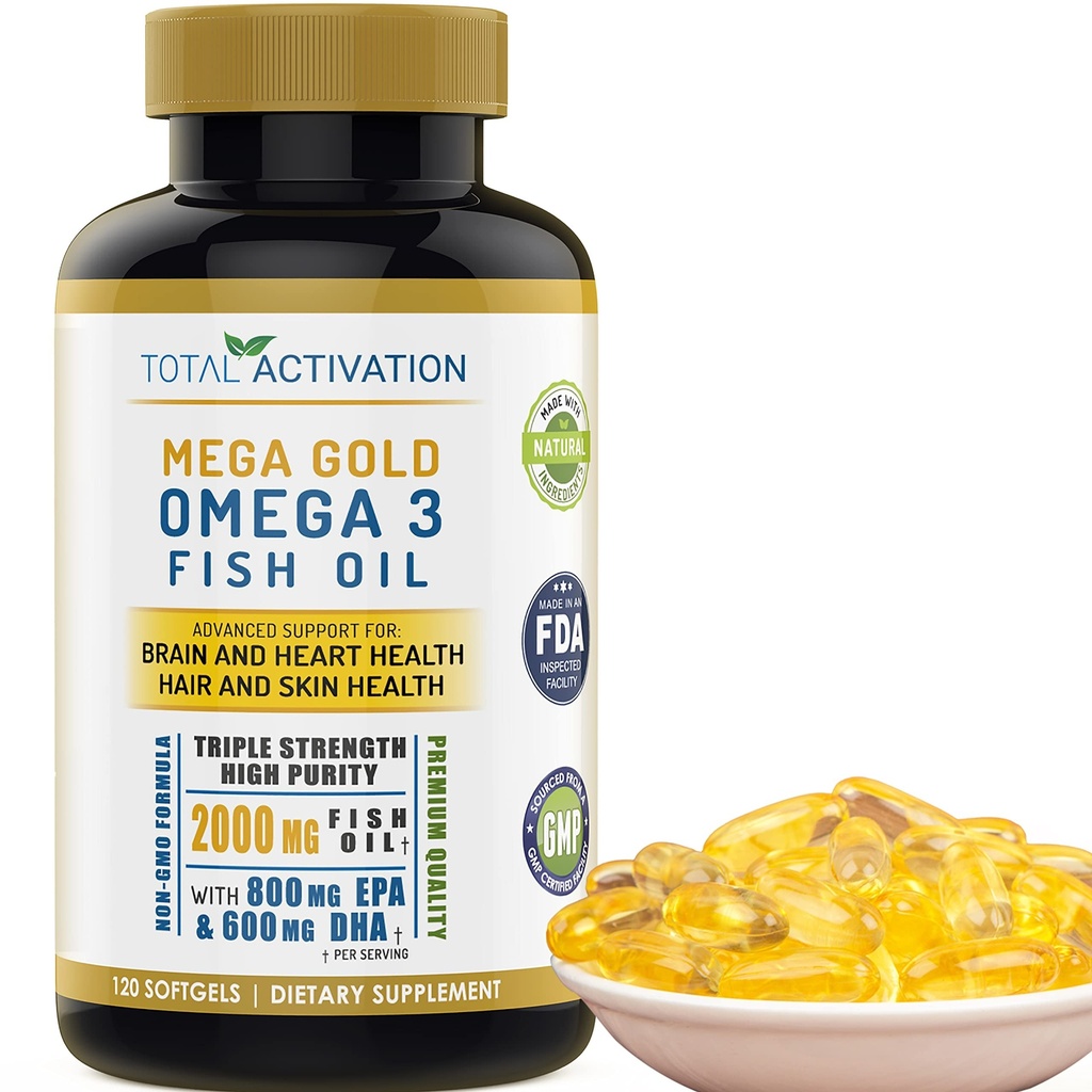 Omega 3 Fish Oil Supplement – 2000 mg med EPA DHA & Vitamin E – Burpless, Trippel styrke støtte for menn og kvinner – 120 Easy Svelge Softgels