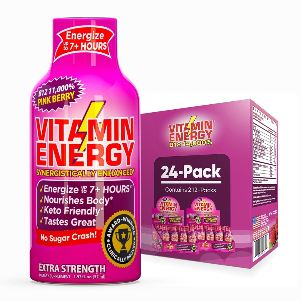 Vitamin Energi B12 11 000% Extra Styrke Energi Shot Pink Berry 24 Pack, 260mg Naturlig Koffein, B12 & B6, Nootropisk Fokus, Vitalitet, Null Sukker, Glutenfri, Vegan, Kosher, 1.93 fl oz