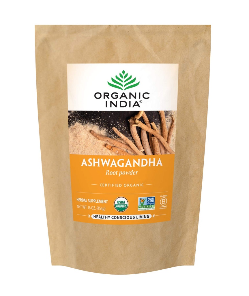 ORGANIC INDIA Ashwagandha Powder Organic - Ashwagandha Root Powder Bulk, Herbal Supplement - Vegan, Glutenfri, Kosher, Ikke-GMO, støtter Stress Relief, Energi og søvn - 1lb Bag