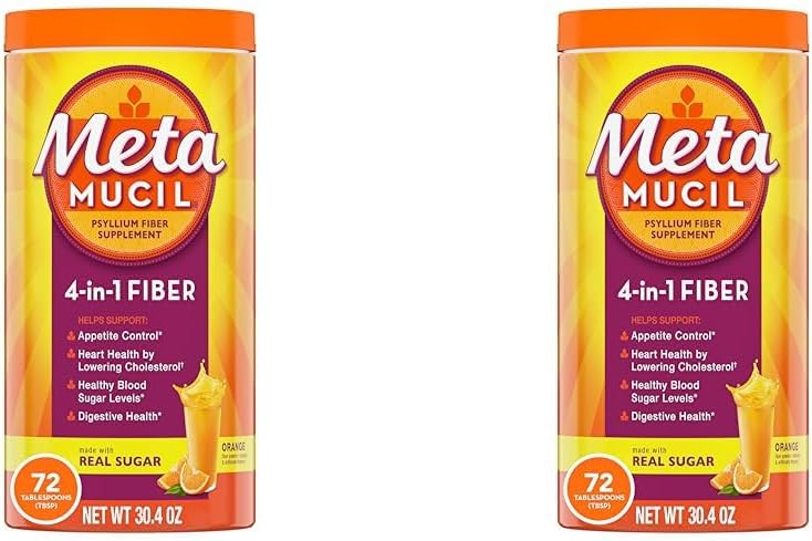 Metamucil Fiber, 4-i-1 Psyllium Fiber Supplement pulver med ekte sukker, oransje glatt smakig drikk, 72 serveringer (Packaging May Vary), Coarse Texture, 1,9 pund (Pack of 2)
