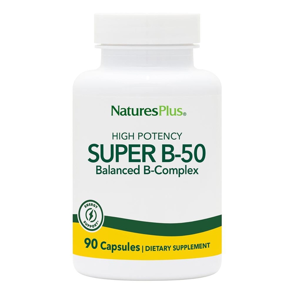 Natures Plus Super B50-90 Vegetariske kapsler - høy potens B kompleks vitamin Supplement - hjerne og energi øker - Glutenfri - 90 Services