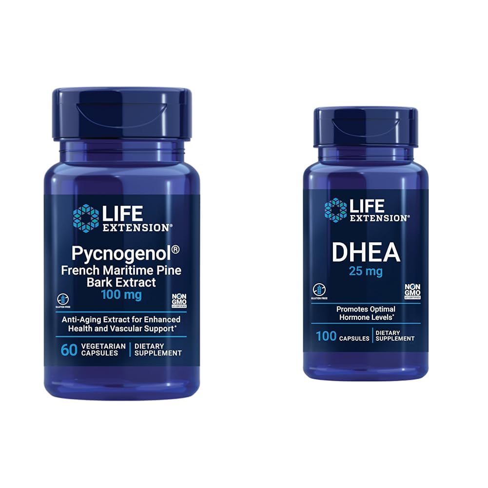 Livsforlengelse Fransk Maritime Pine Bark Ekstrakt med DHEA Hormone Balance - 60 kapsler Pycnogenol & 100 kapsler DHEA 25mg