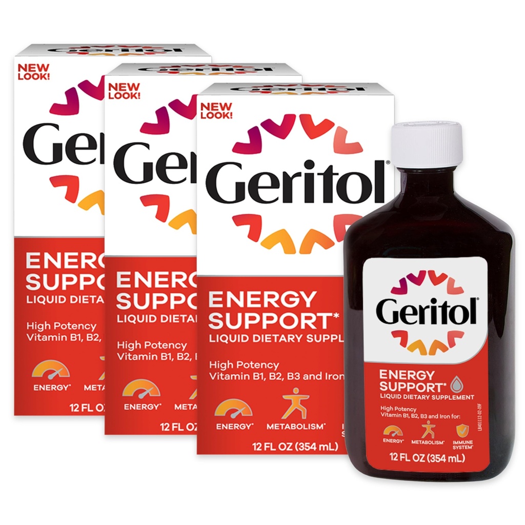 Geritol flytende vitamin og jerntilskudd, energi støtte, inneholder høy potens B-vitaminer og jern, Pleasant Tasting, lett å svelge, Ingen kunstige søtstoffer, ikke-GMO, 12 Oz, 3 pakke