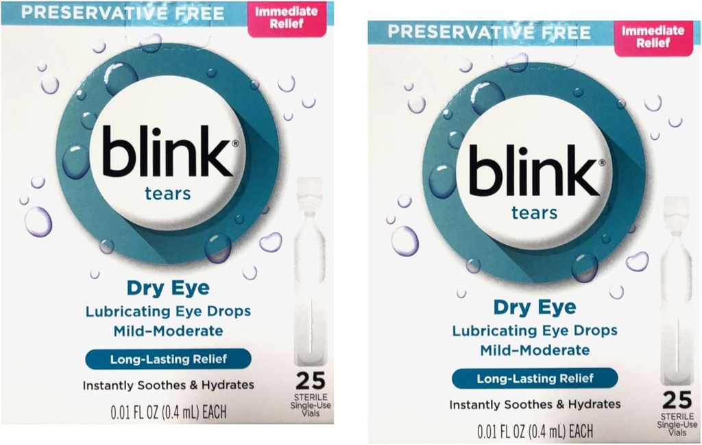 Blink Tårer Preservativ gratis smøremiddel øyedråper, umiddelbar og lang-lastende lindring for tørre øyne, 25 sterile enkeltbruksglass, 0,01 FL OZ (0,4 ml) Hver (pakke med 2)