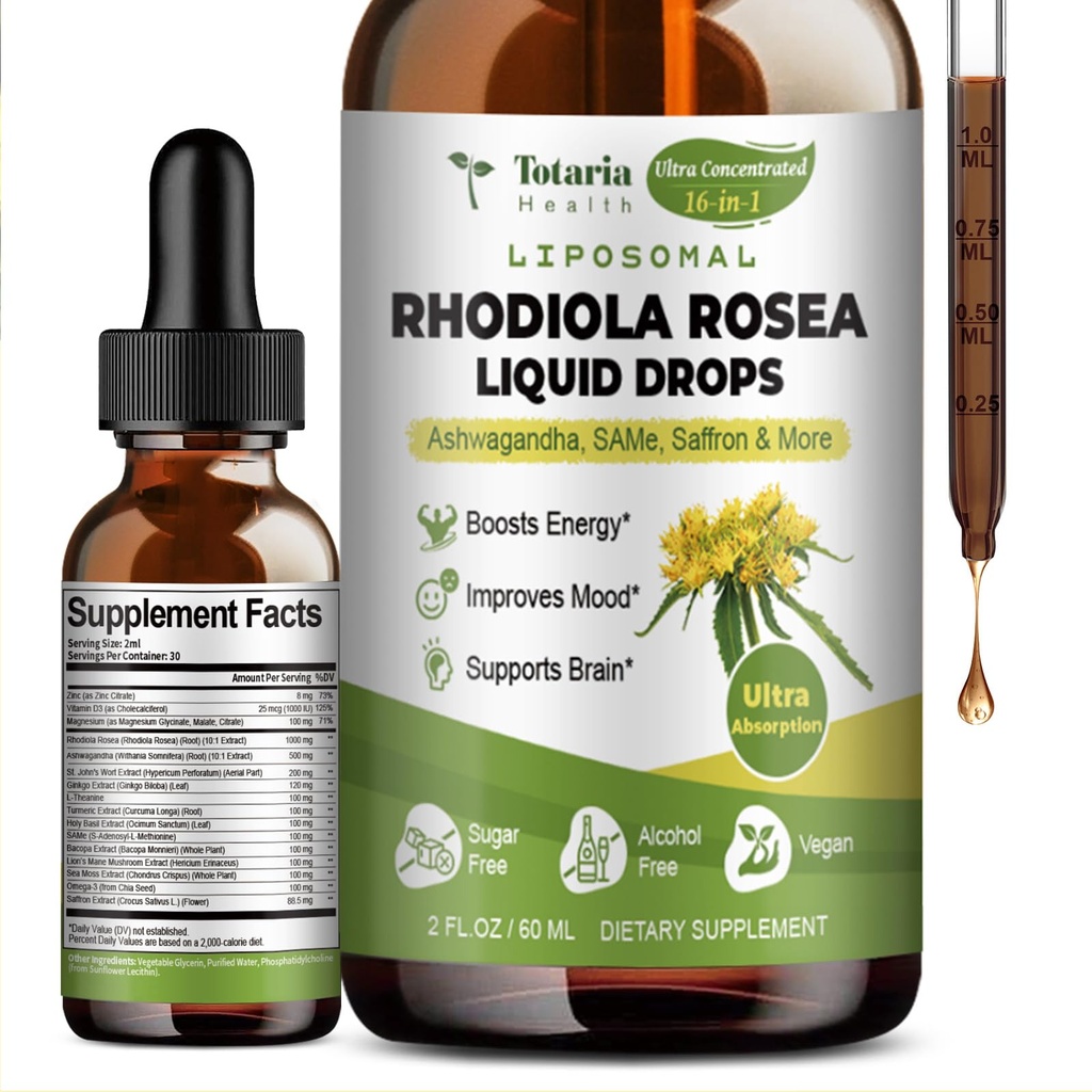 Totaria 16-i-1 Liposomal Rhodiola Rosea Tinktur, Ultra Styrke Rhodiola Supplement w/Ashwagandha, Saffron, Magnesium, SAM-e, Rhodiola Rosea Extract flytende dråper for naturlig avslapning, Mood, Energi