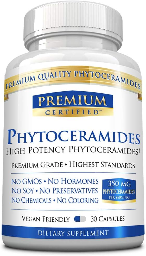 Phytoceramides 350mg fra 100% hvete -Vitamin A, C, E og D3 - Reverse Aging Skin, Replenish Moisture & Repair Skin - 100% ren naturlig - 30 kapsler - Vegansk Vennlig
