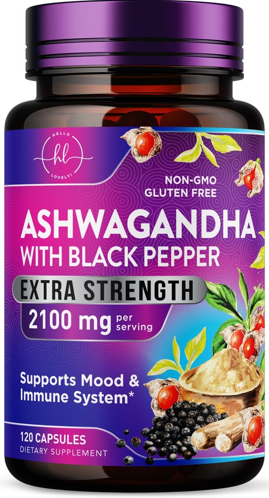 Ashwagandha 2,100 mg - Ashwagandha kosttilskudd for kvinner i Veggie kapsler med pulver og rotekstrakt, svart pepper for høy absorpsjon, plantebasert, ikke-GMO, flaske i USA - 120 Veggie kapsler