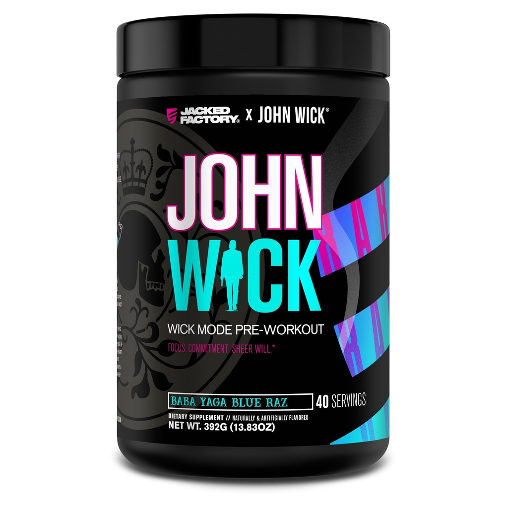 Jacked Factory X John Wick - Wick Mode Pre Workout Powder - Intense Energy, Battle-Ready Focus, Unstoppable Forpliktelse, og Sheer Will - 40 Services, Baba Yaga Blue Raz