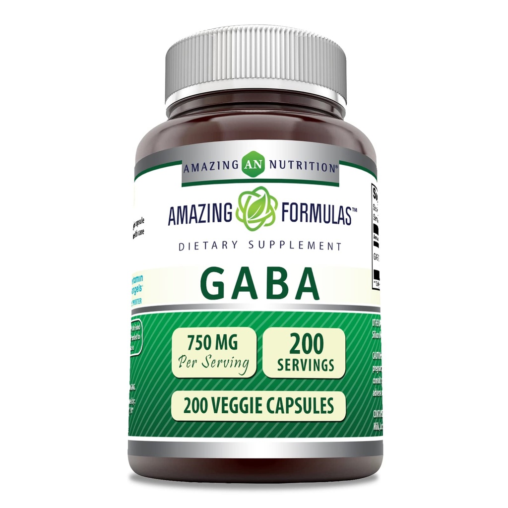 Amazing Formler GABA 750mg Per Serving Veggie Kapsler Supplement | Ikke-GMO | Glutenfri | laget i USA | Ideell for vegetarianere (200 greve)