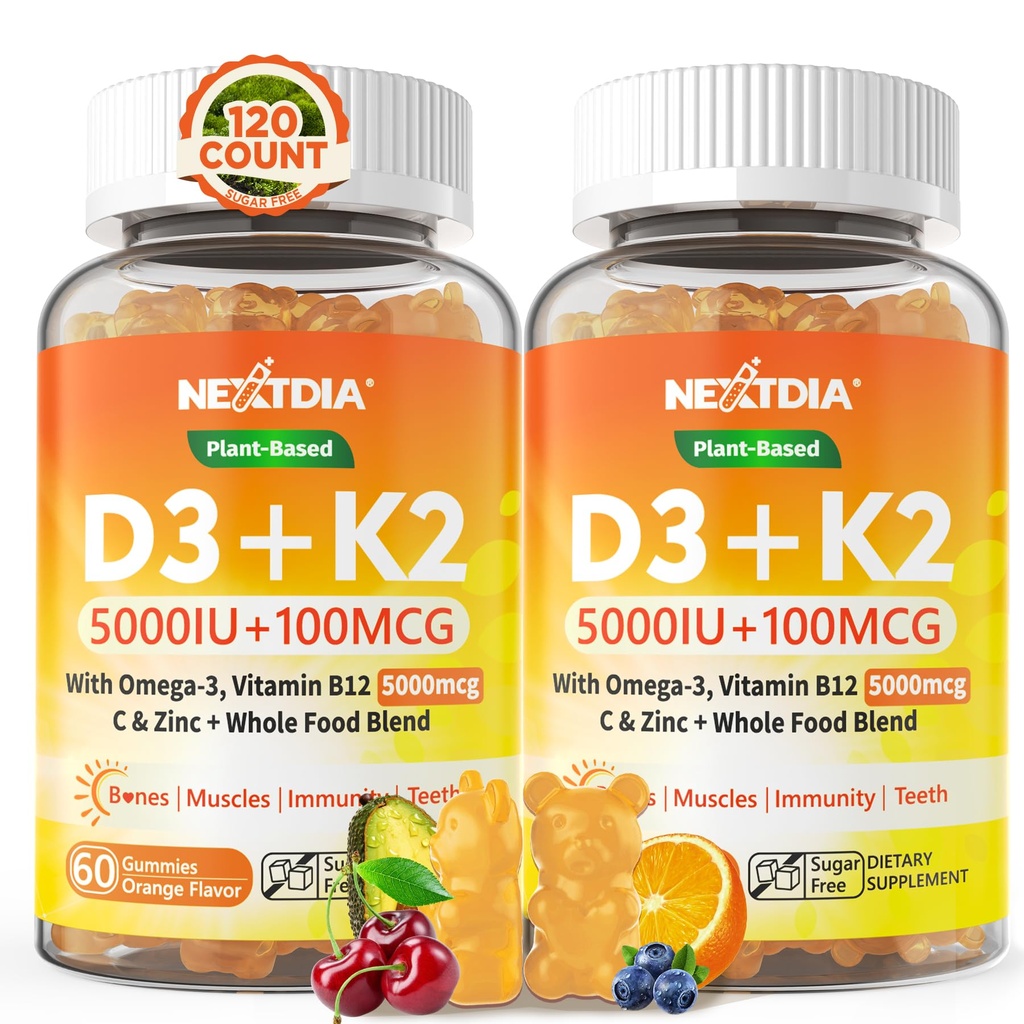Vitamin D3 K2 Gummies 5000IU / 10.000 IU med Omega-3 250 mg + K2(MK-7) 100mcg - 5X Absorpsjon enn standard D3K2, med vitamin C, sink, og 5 organiske grønnsaker, støtte bein og tenn styrke, immun