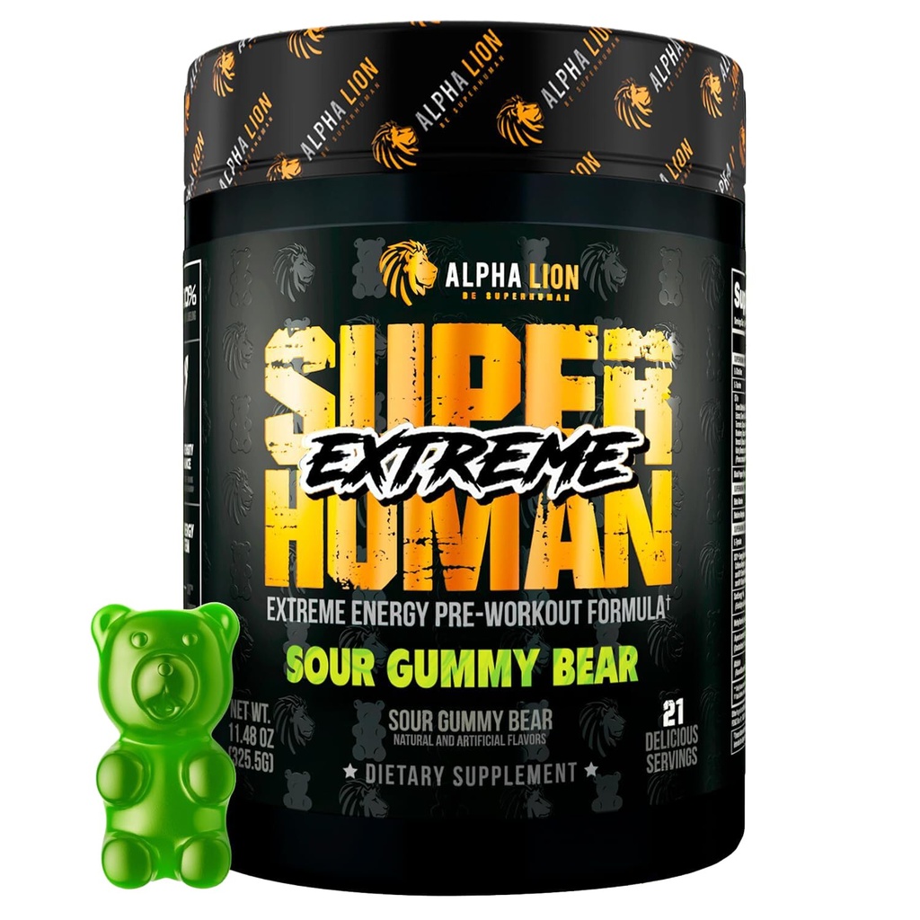 ALPHA LION Superhuman Extreme høy stimul pre trening pulver, Beta alinine, L-Taurin & 356mg Tri-kilde koffein for responderbar energi, nitric oksid og citrullin for pumpe (21 serveringer, sur gummybjørn)
