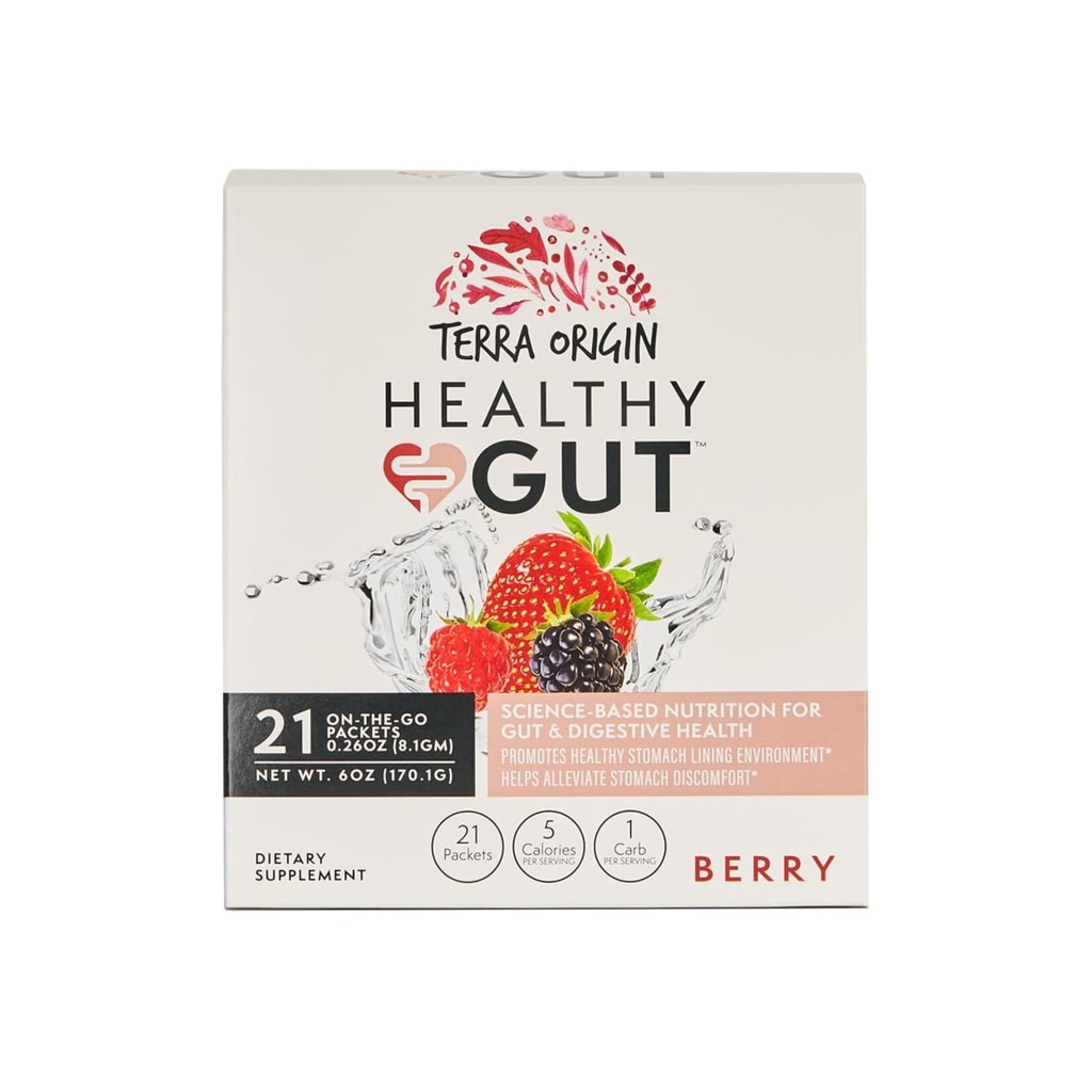TERRA ORIGINA Sunn Gut Stick Packs, L-Glutamine, Slippery Elm, Aloe Vera, Licorise Root Extract, Gut Helse, Digestiv støtte, Leaky Gut Repair, Immunfunksjon, On-The-Go, 21 Ct, Berry
