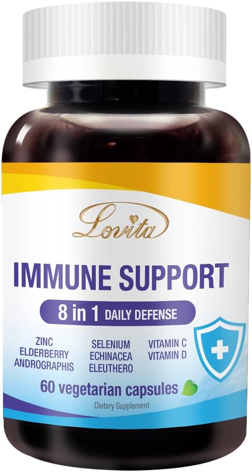 Lovita immunstøtte 8 i 1, Elderbær med sink og vitamin C, vitamin D, Selenium & Echinacea, Andrographis, Sibir Ginseng - Immun Booster Supplement, 60 Vegetariske kapsler