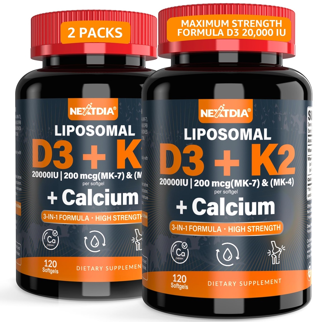 Vitamin D3 20 000 IE + K2 Vitamin (MK4 & MK7) 200mcg + kalsium Citrat, Optimal Vitamin D3 K2 Softgel - Sterk Bein & Muskel, Kalsiumabsorpsjon, Hjelpe vitamin D-mangel, Lett å Svelge, 2Pack