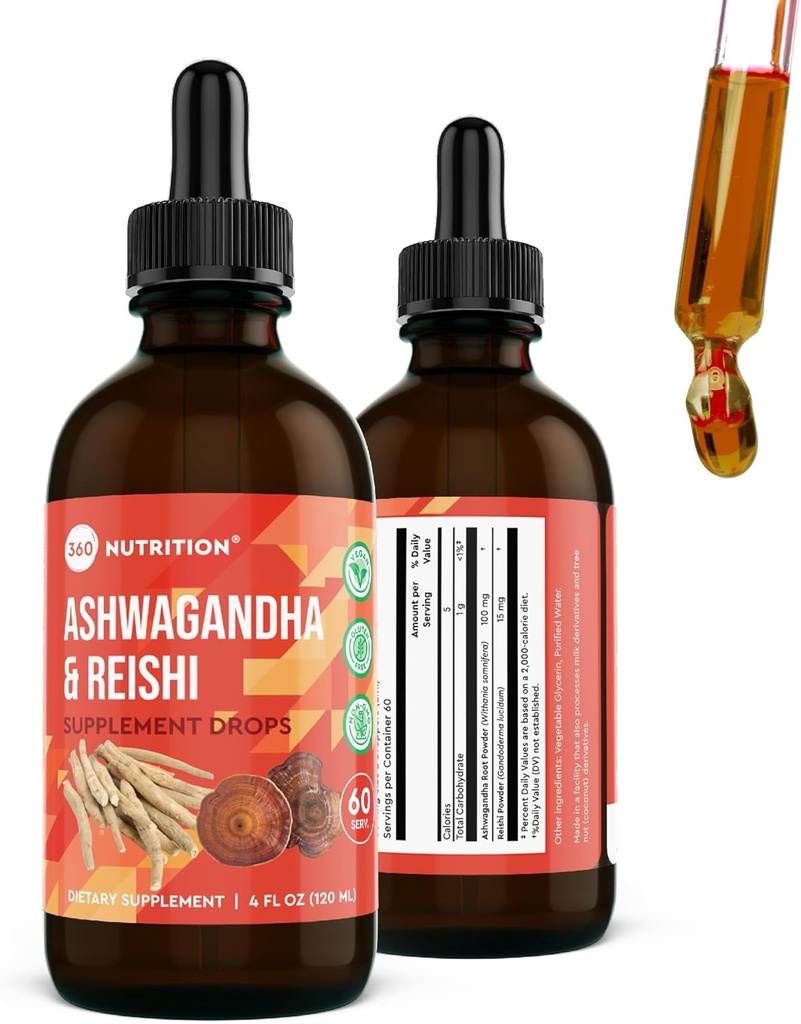 360 Nutrition Ashwagandha & Reishi Root Supplement Drops for Stress Relief, Stamina & Longevity, og energi støtte - Vegan Non-GMO Adaptogenic - 4 fl oz, 60 Serveringer