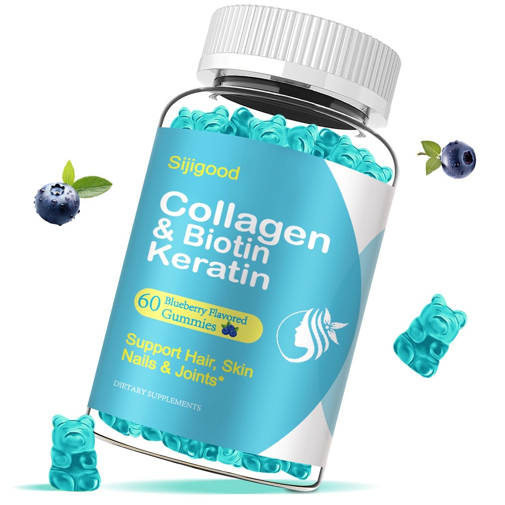 Biotin Gummies med collagen, Keratin, Hyaluronsyre, Vitamin for hud, Håret vekst, negler, kvinner voksne barn - 60 Blåbær Flavored Gummies