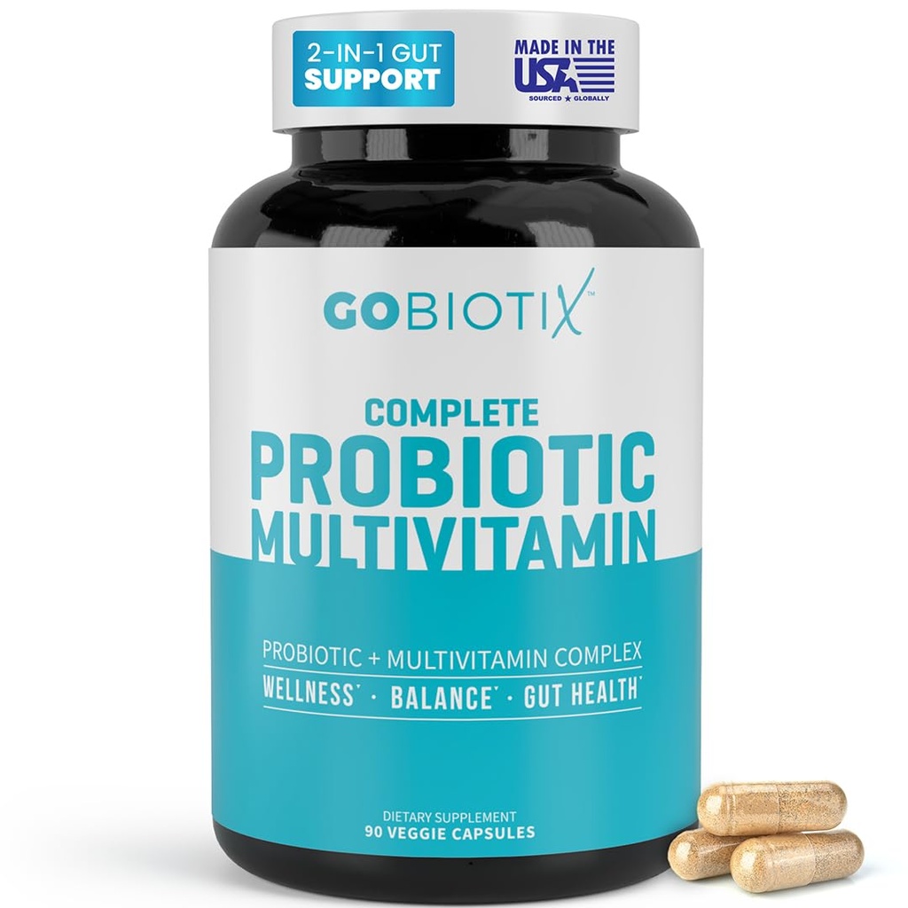 GOBIOTIX Multivitamin med probiotika og digestive enzymer - 25 milliarder CFU - Digestive helse, probiotika for kvinner og menn - Glutenfrie piller - 90 kapsler