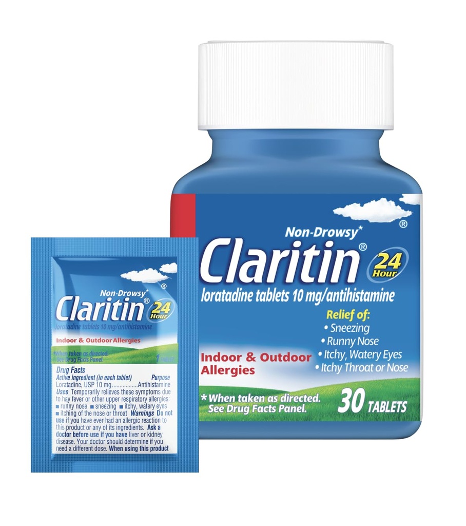 Claritin Allergi medisin for voksne, 24-timers ikke-drowsy Loratadin 10 mg piller, antihistamin, 30 tabletter + 1ct On-The-Go Relief