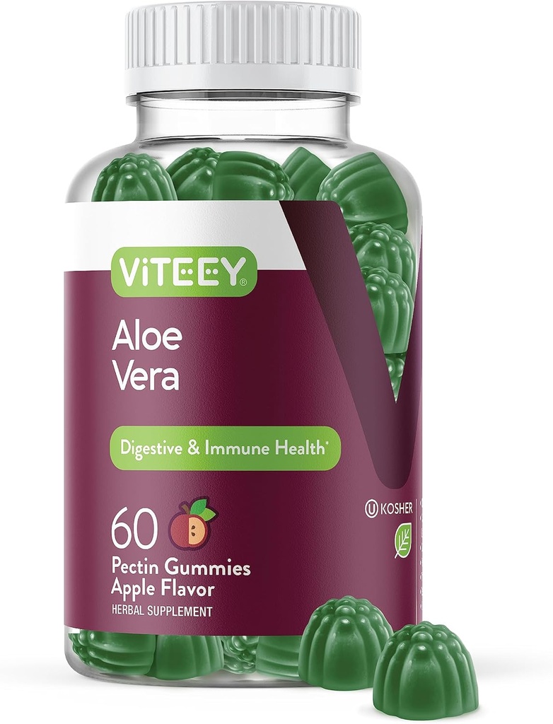 Viteey Aloe Vera Gummies for voksne - 50mg - Bistand i Digestion og immun helse - Aloe Vera Supplement - Vegan, Gelatin Gratis, Glutenfri, GMO Free, Tastig Chewable bringebær Flavored Gummy