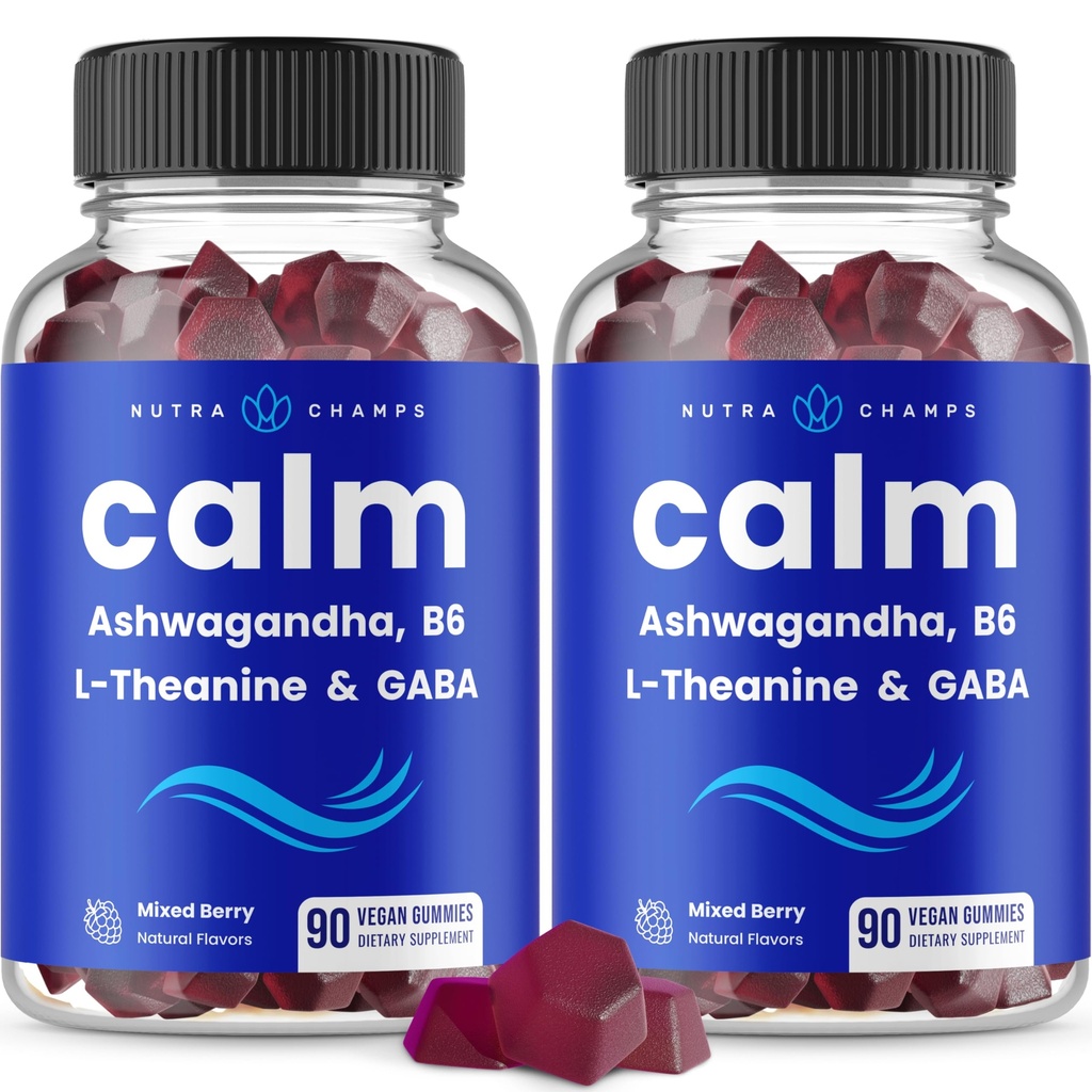 NutraChamps Calm Gummies, Stress Gummies Supplement med Ashwagandha, L-Theanine, GABA, Vitamin B6 & Lemon Balm, 90 Gummies (Pack of 2)