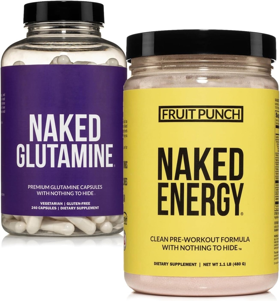 NAKED Vegansk Energiizing Muskel Recovery Bundle Fruit Punch Energi og 240 L-Glutamine kapsler, 1000 mg