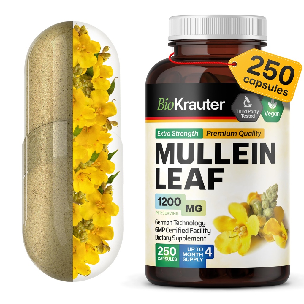 BIO KRAUTER Mullein Capsules 1200 mg 250 greve - ren Vegan Mullein Leaf Extract for Lungs - 125 dagers forsyning - Lung Cleanse & Respiratorisk støtte - Ingen fyllstoffer, ikke-GMO