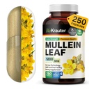 BIO KRAUTER Mullein Capsules 1200 mg 250 greve - ren Vegan Mullein Leaf Extract for Lungs - 125 dagers forsyning - Lung Cleanse & Respiratorisk støtte - Ingen fyllstoffer, ikke-GMO
