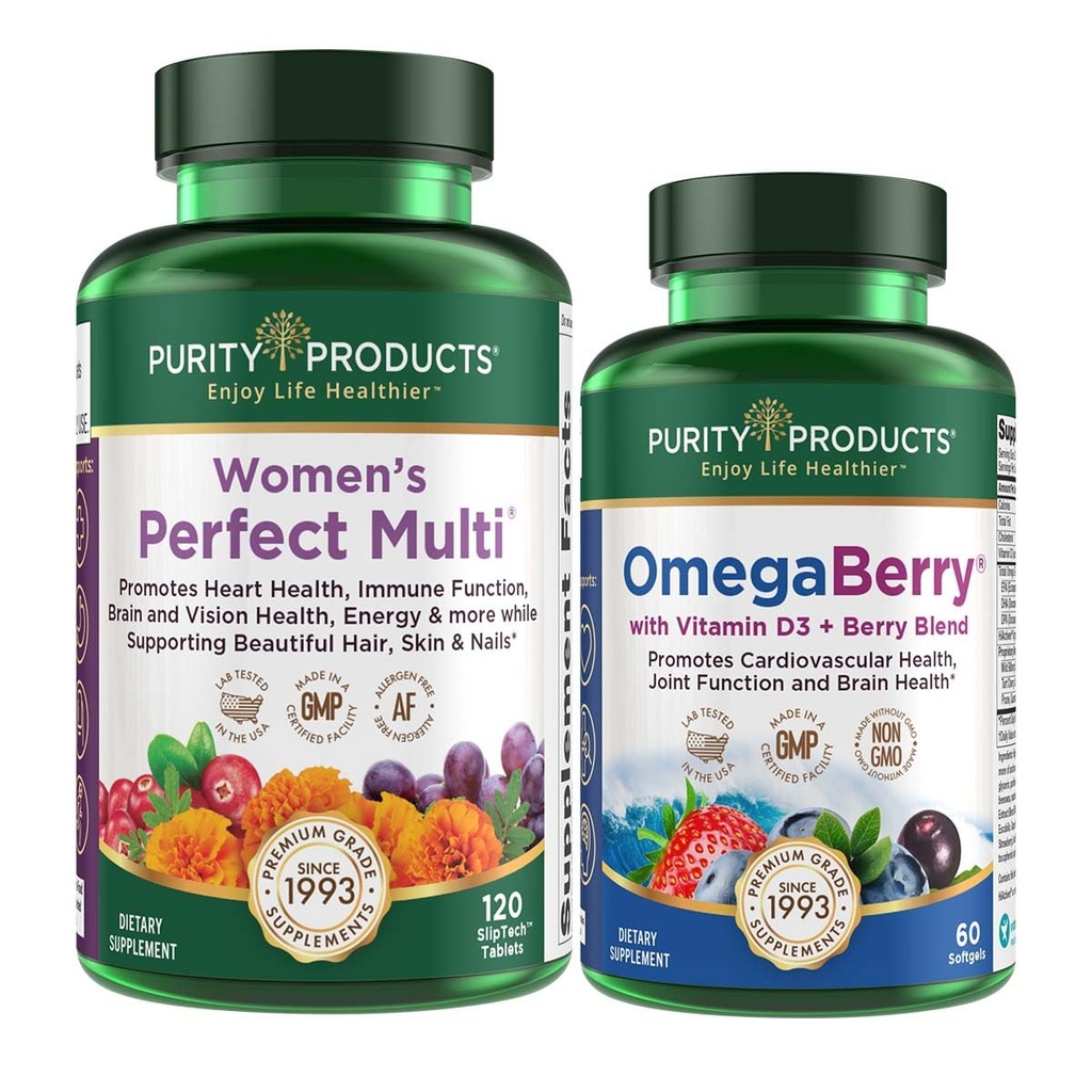 Renhetsprodukter Kvinners perfekte multi + OmegaBerry Fish Oil Women's Multi (Supports Urinal Tract Health, Immune, Bein, hår, hud, negler + mer) - OmegaBerry (1250 mg Omega-3, vitamin D3 + mer)