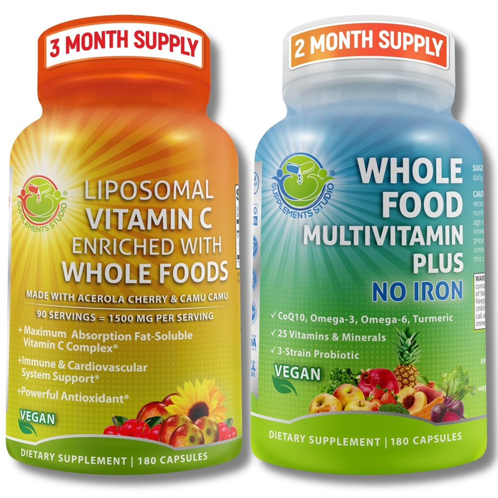 Liposomal Vitamin C 1500mg + Vegansk Hele mat Multivitamin Uten jern - Energi og immunstøtte Bundle med organisk Acerola Cherry, Camu Camu & Beriket med hele matvarer –Non-GMO, Ren etikett