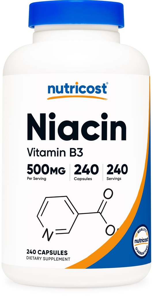 Nutricost Niacin (Vitamin B3) 500 mg, 240 kapsler - med flushing, ikke-GMO, Glutenfri