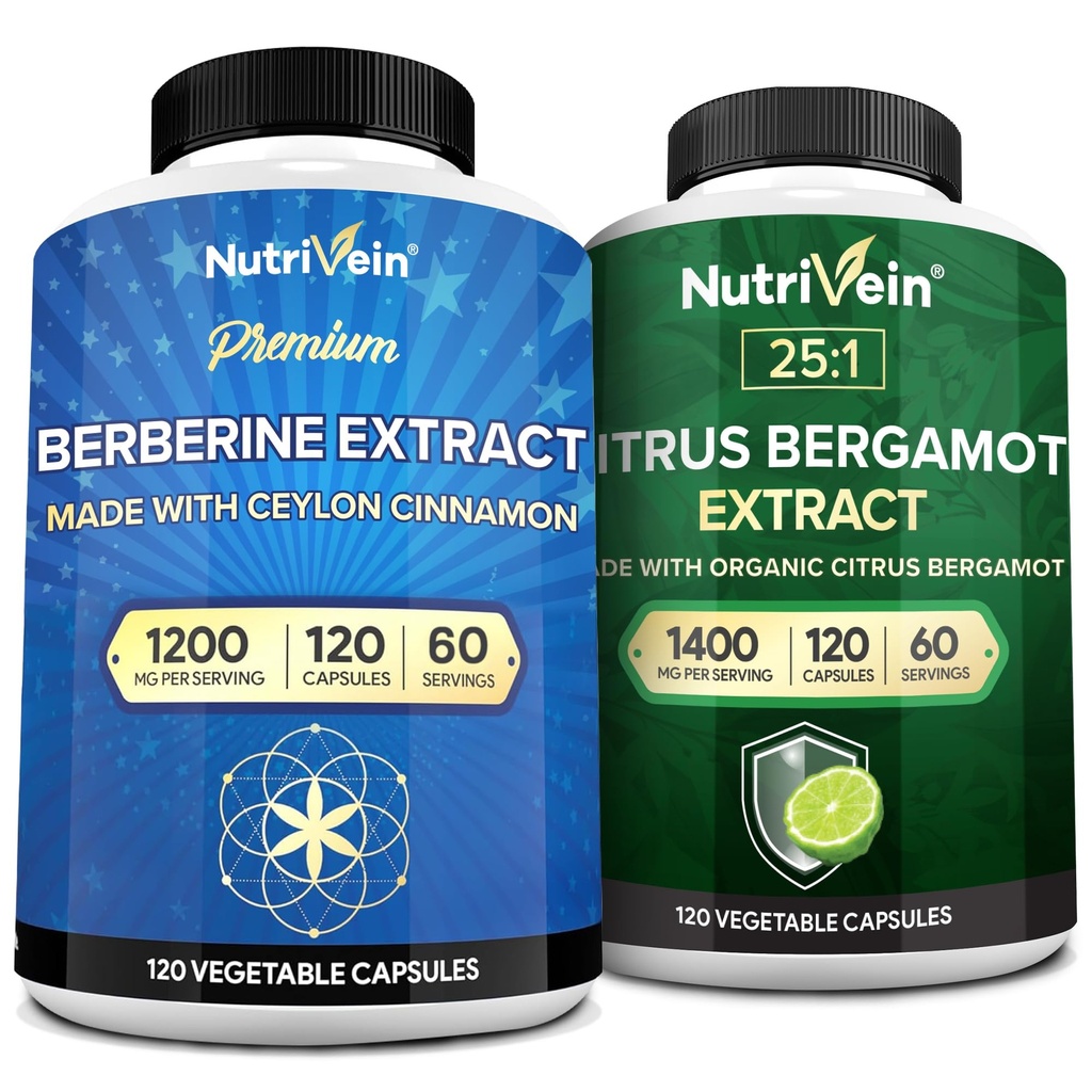 Nutrivein Premium Berberine 1200mg & Citrus Bergamot Extract 1400mg Bundle - Ceylon Cinnamon & 25:1 Bergamia Extract - Vektkontroll og immunstøtte Plus hjerte helse - 120 kapsler Hver