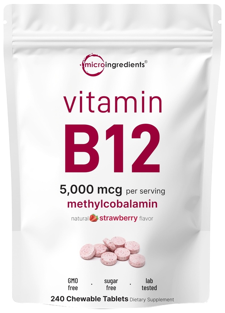 Micro Ingredienser Vitamin B12 5000 mcg | Metylkobalamin – 240 Chewable tabletter | Fastoppløselig, Naturlig Strawberry Flavor | støtter energi og metabolisme helse | Vegan, ikke-GMO, Glutenfri